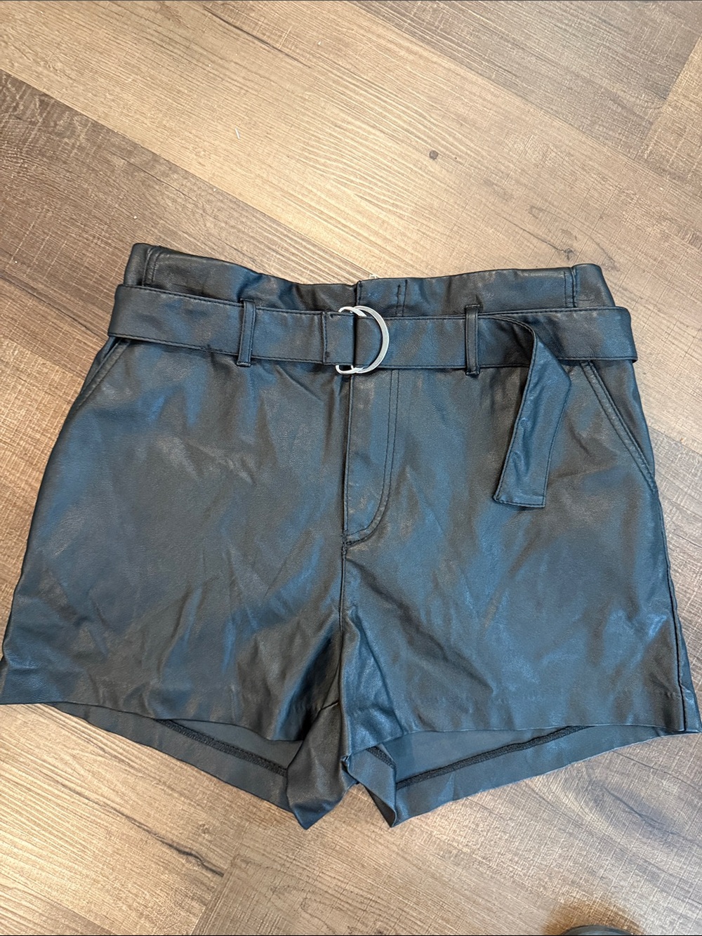 Black Faux Leather High-Waist Belted Women's Shorts